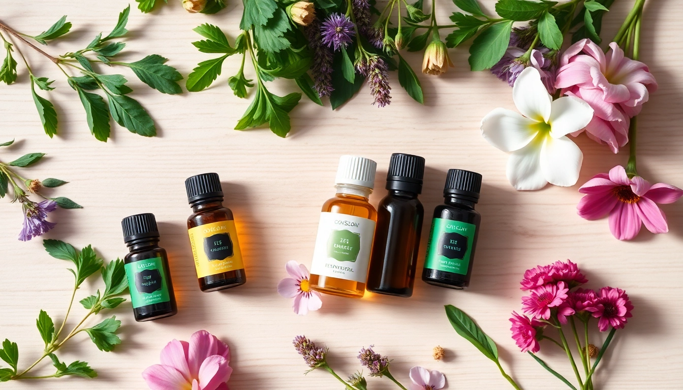 Use essential oil bottles to enhance wellness with vibrant herbs and flowers surrounding them.