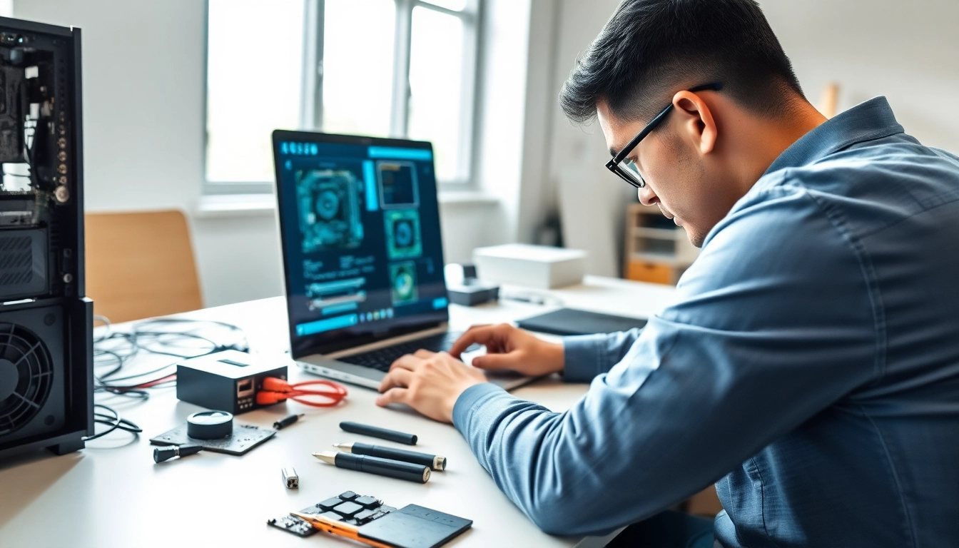 Riparazione pc torino da un tecnico con attrezzatura specializzata e computer in riparazione.