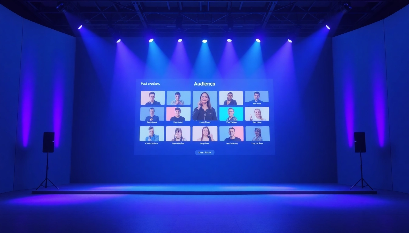 Engage with the Virtual Audience System through interactive feedback on a vibrant stage design.