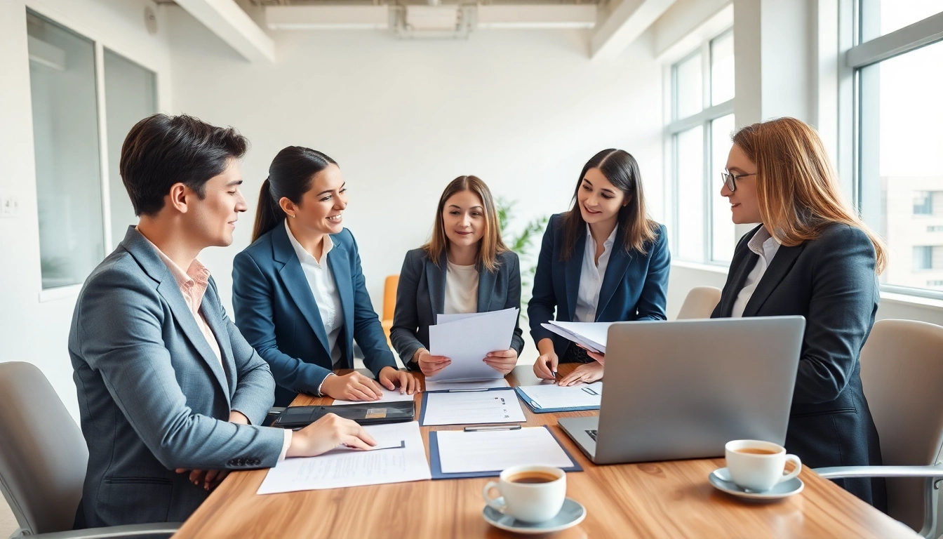 Un groupe d'entrepreneurs discute pour enregistrer une société au Luxembourg dans un environnement de bureau professionnel.