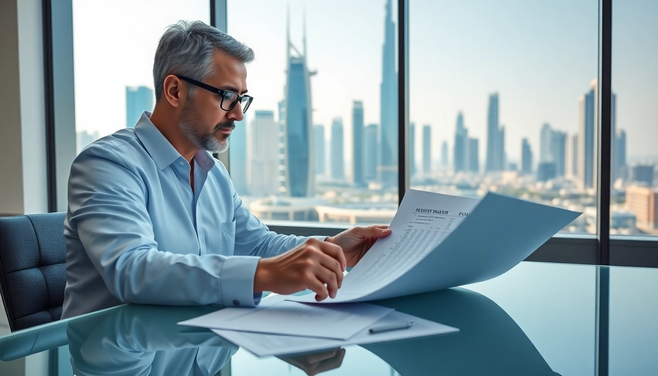 Reviewing trademark registration in Dubai with a legal expert in a modern office setting.