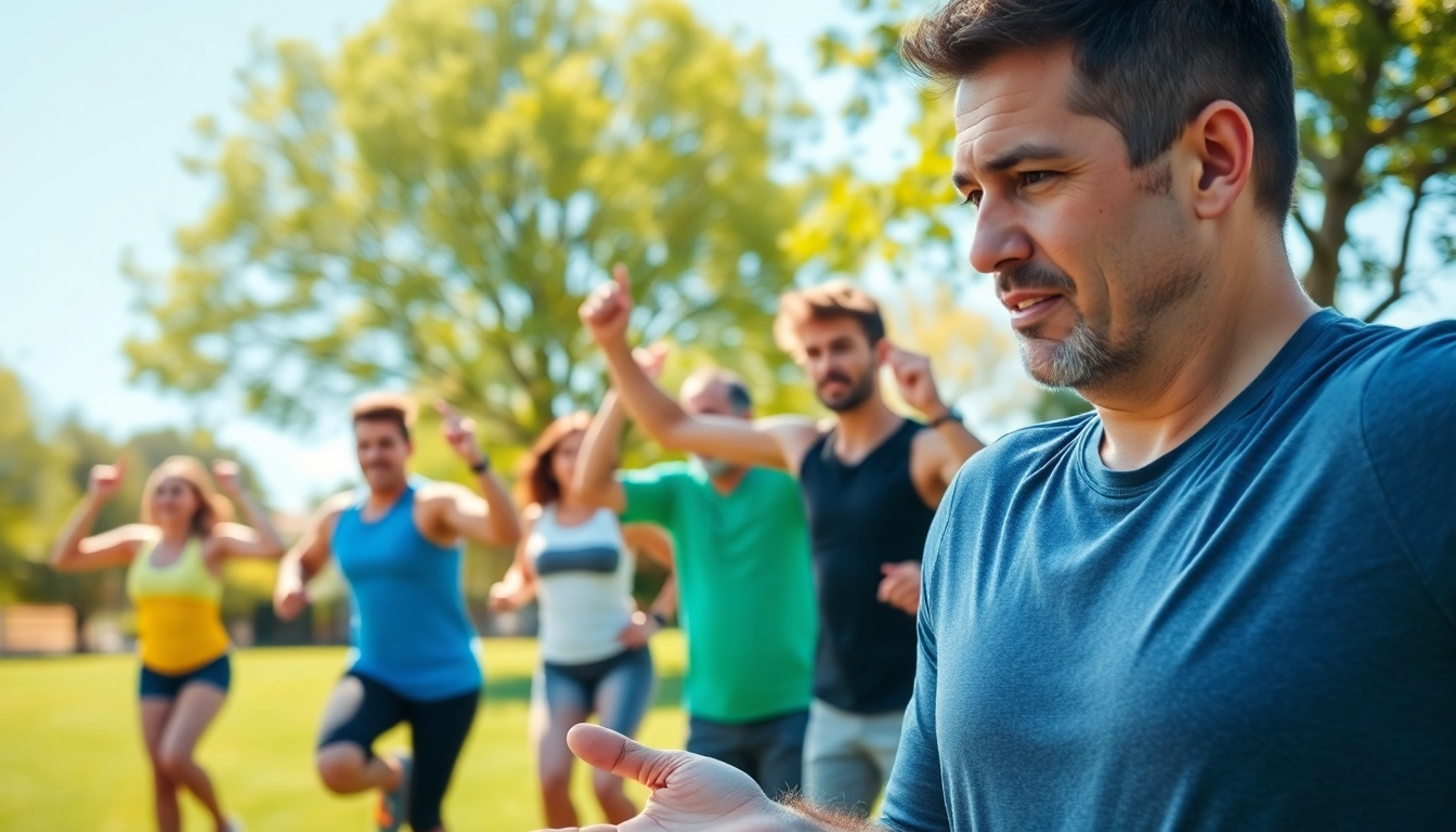 Engaged fitness coach demonstrating exercises with attentive clients, emphasizing Fitness Coach near me.