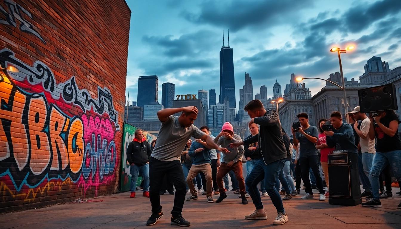 Engaging scene of hip-hop mixtapes Chicago culture with breakdancers and vivid street art.