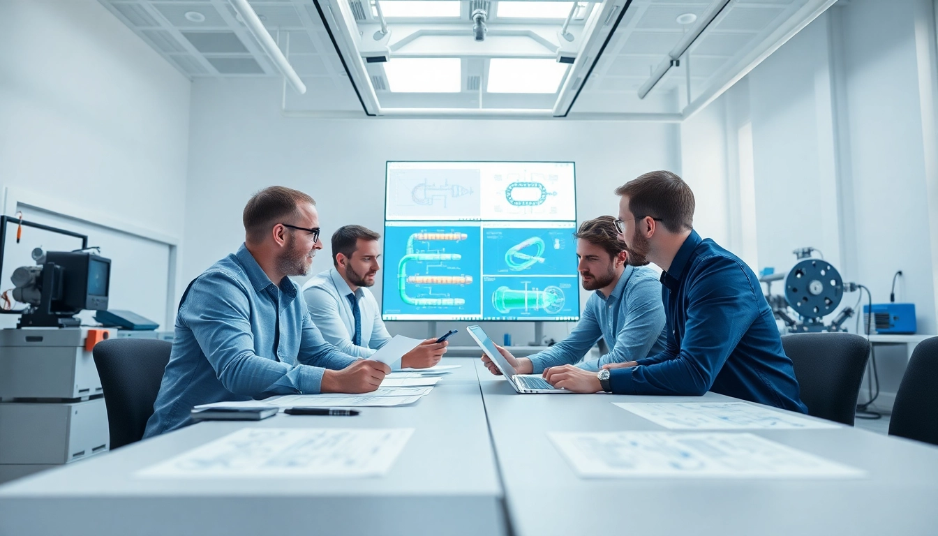 Engineers at a pipe stress Company analyzing designs and calculations in a modern workspace.