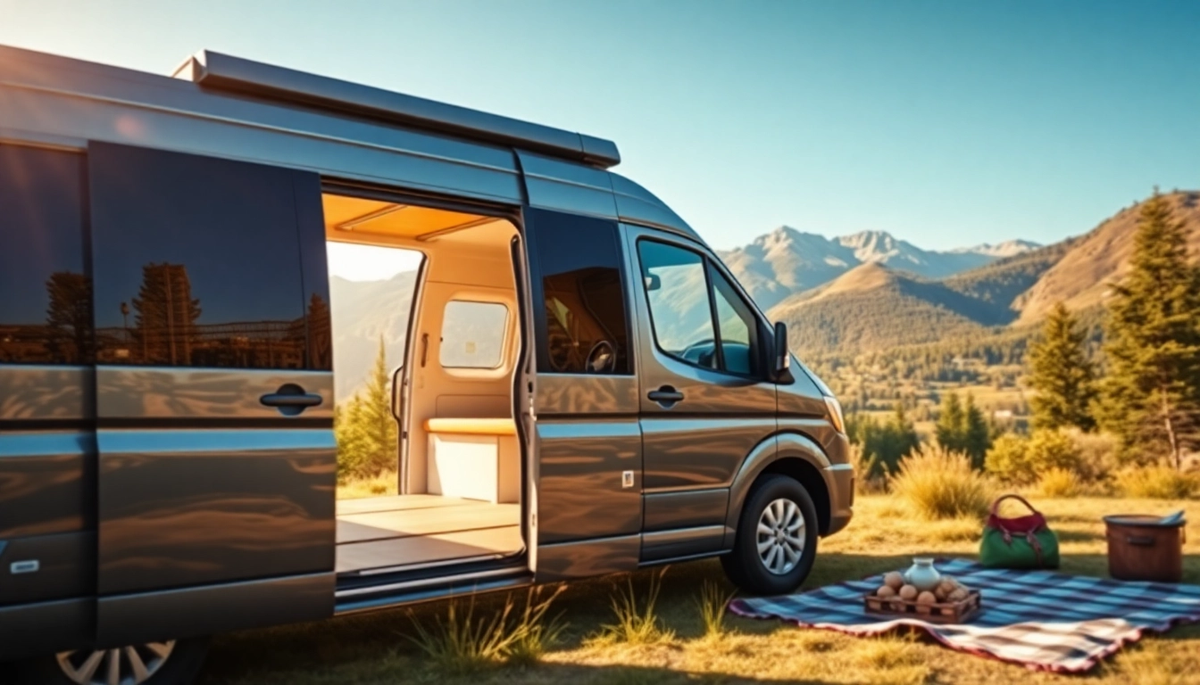 Capture the essence of a perfect van with inviting outdoor features and beautiful surroundings.