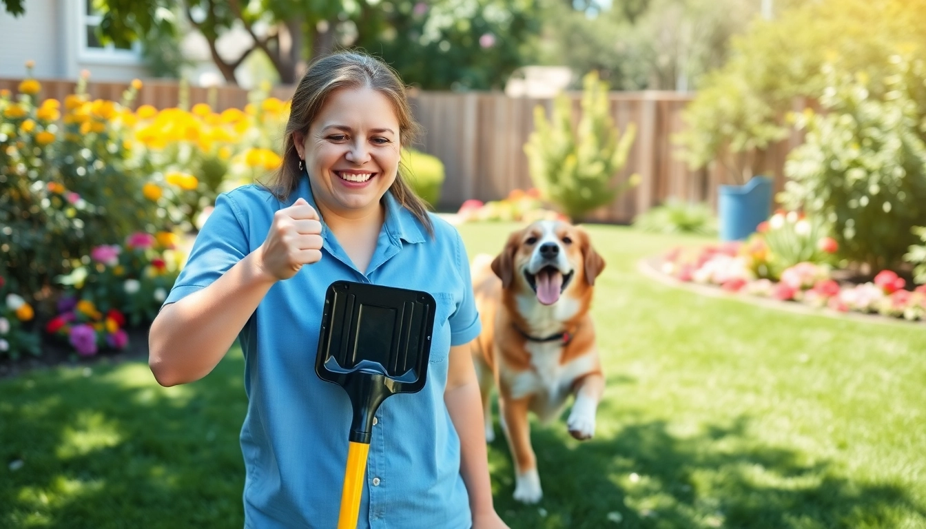 Efficient dog poop cleanup service in a sunny backyard with a happy dog owner and playful dog.