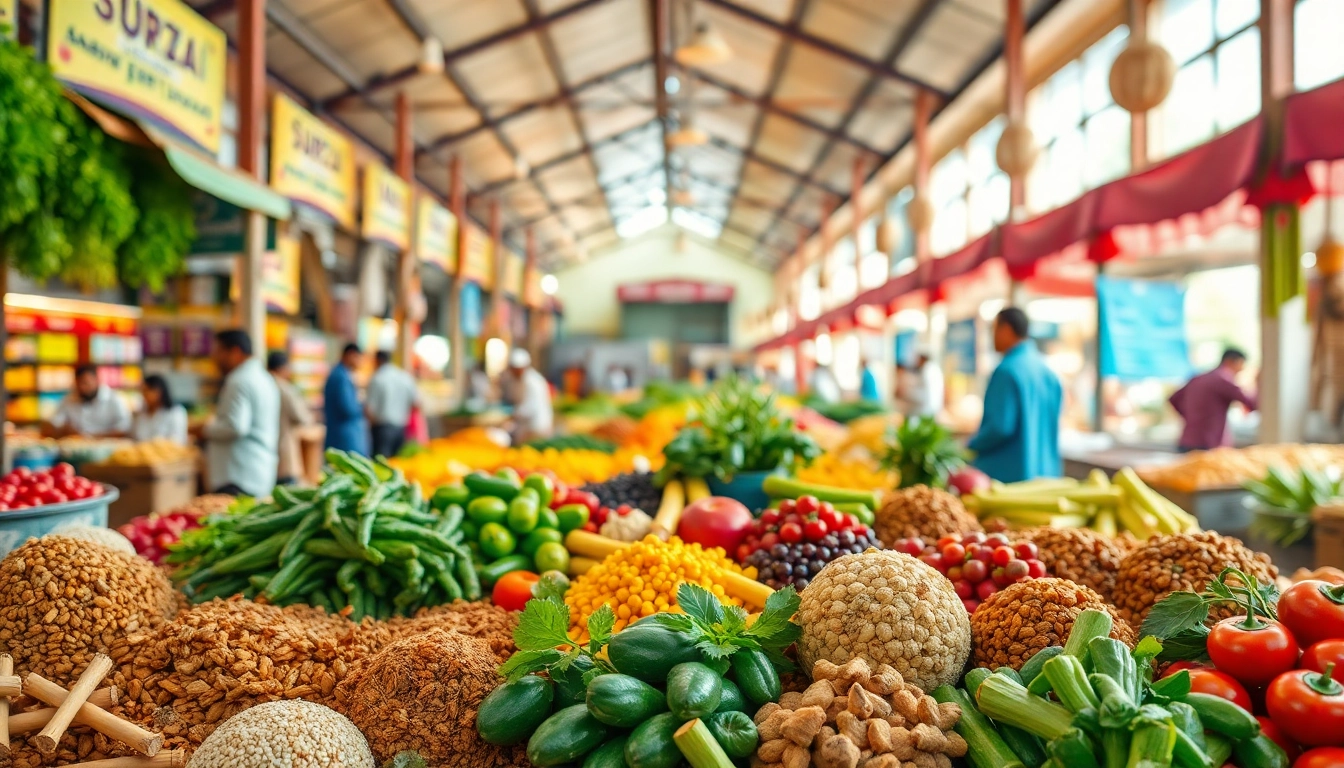 Showcasing vibrant agro products by Surji Agro Foods Pvt Ltd in a bustling market environment.