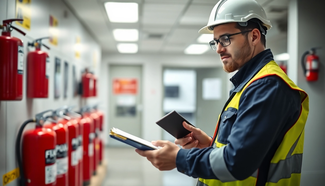 Fire extinguisher servicing Birmingham technician inspecting safety equipment in an office.