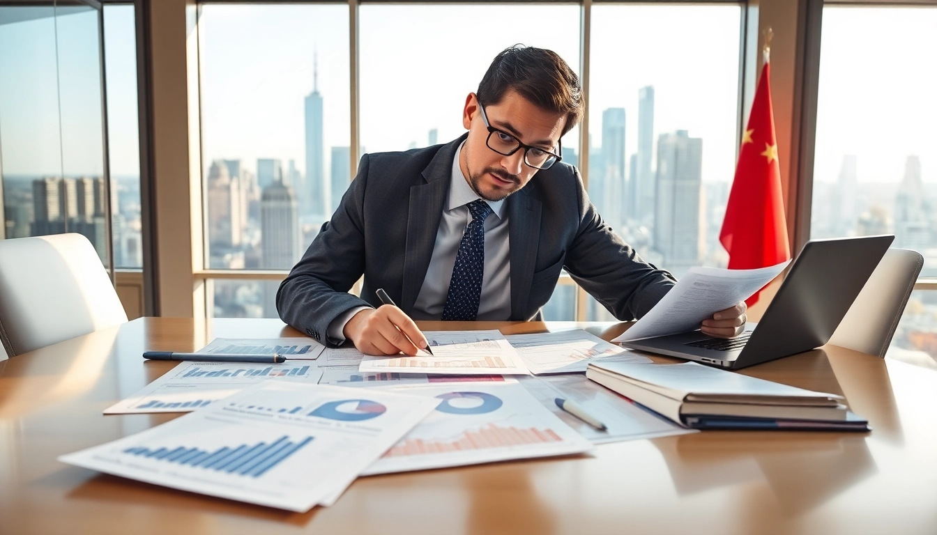 Assessing import tariffs on China during a business meeting with charts and reports.