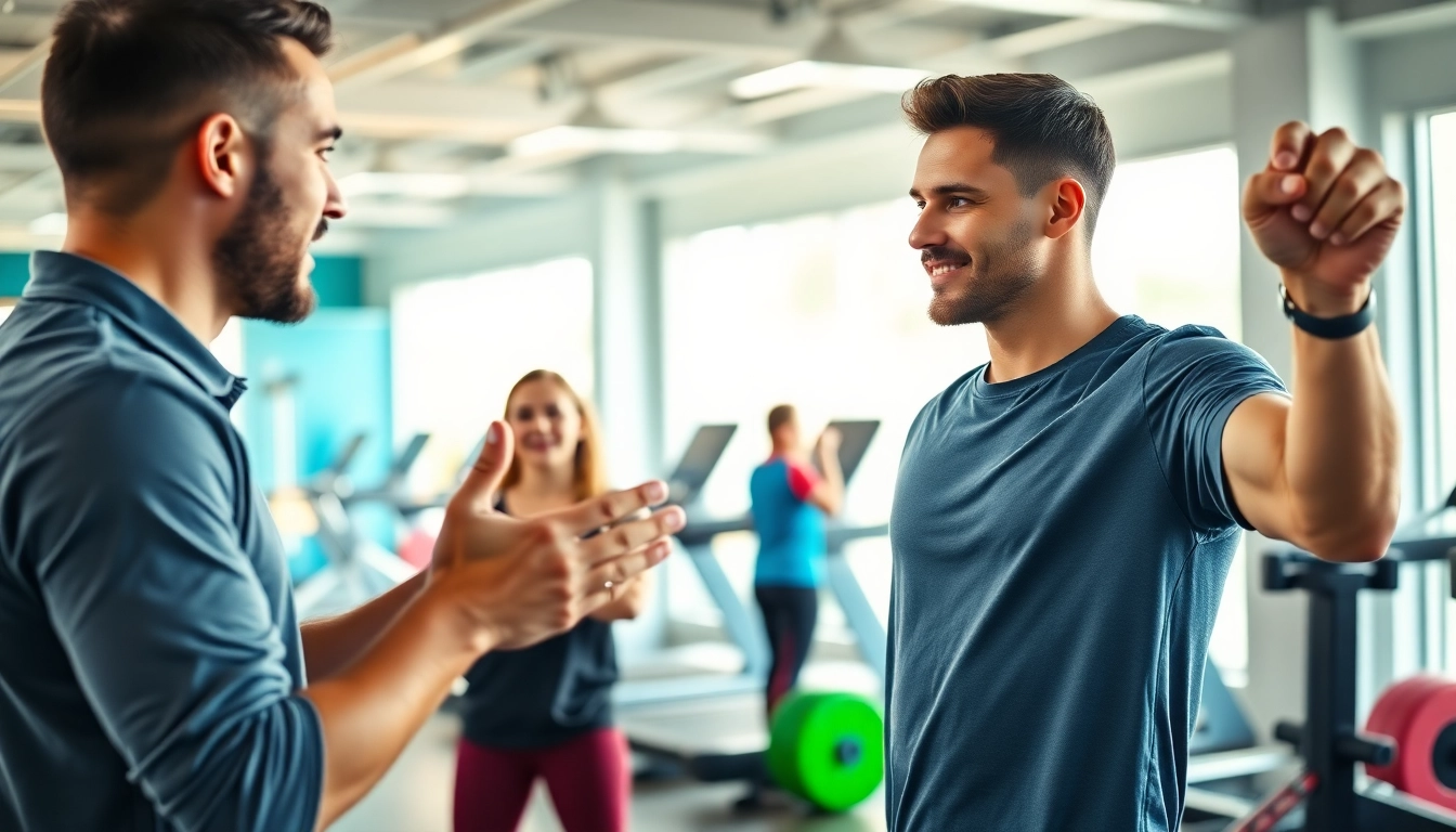 Engaging gym training consultation between a trainer and client showcasing personalized coaching.