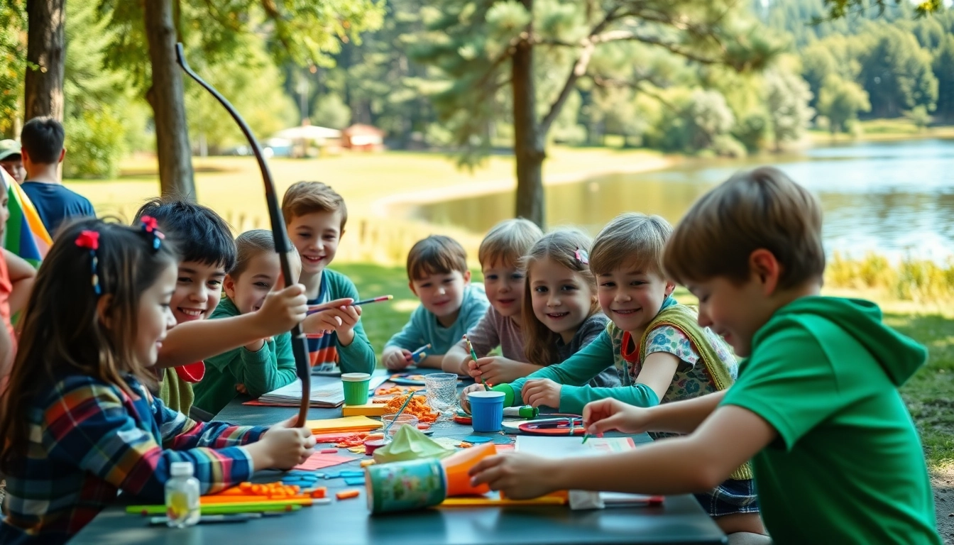 Children enjoying activities at holiday camps, engaging in crafts and games in a vibrant outdoor setting.
