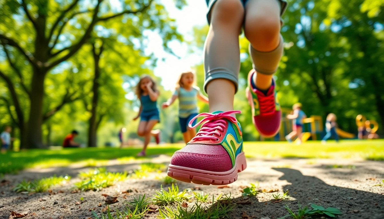 Kinder spielen fröhlich in flexiblen Kinderschuhe auf einer Spielwiese.