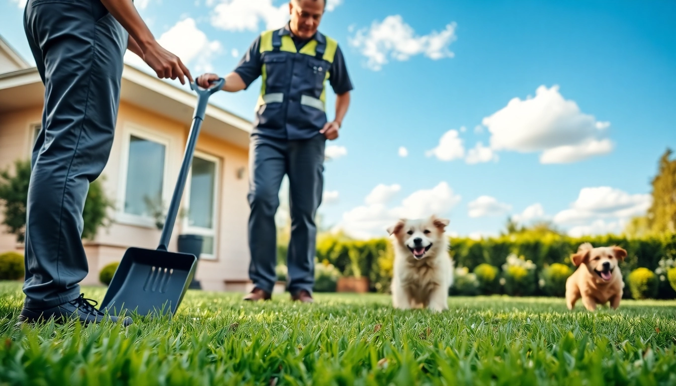 Providing dog clean up service in a residential backyard, a technician collects pet waste.