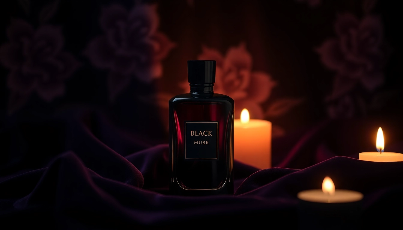 Inspiration dégagée par le parfum Black musk, avec une élégante bouteille sur tissu velouté.