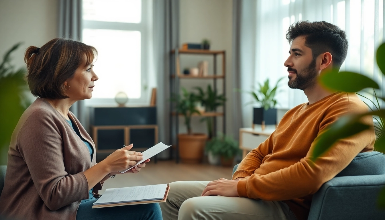 Therapist guiding depression treatment in a calming office environment with supportive elements.