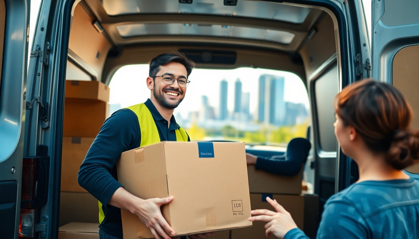 Efficient man and van moving service unloading boxes, showcasing professional movers in action.