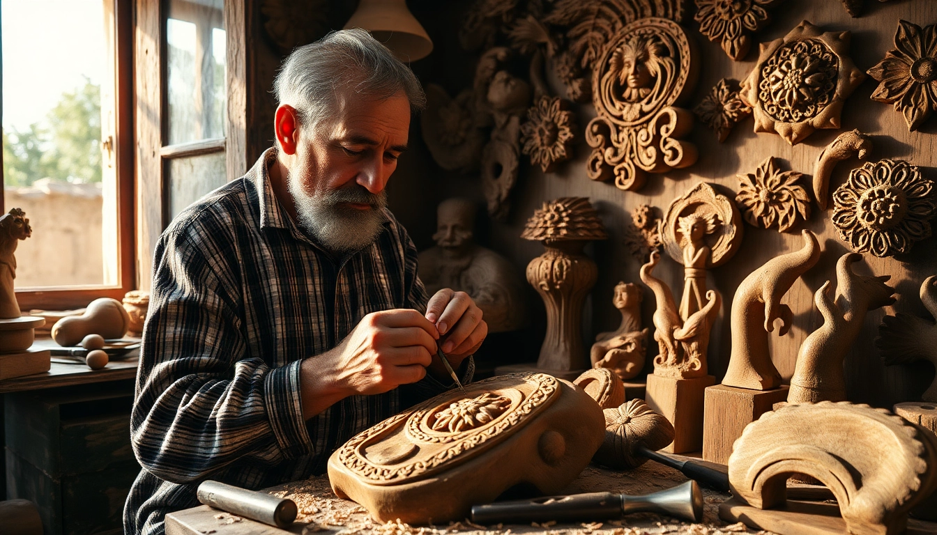 Artisan carving intricate olive wood carvings in a natural light workshop, highlighting craftsmanship.