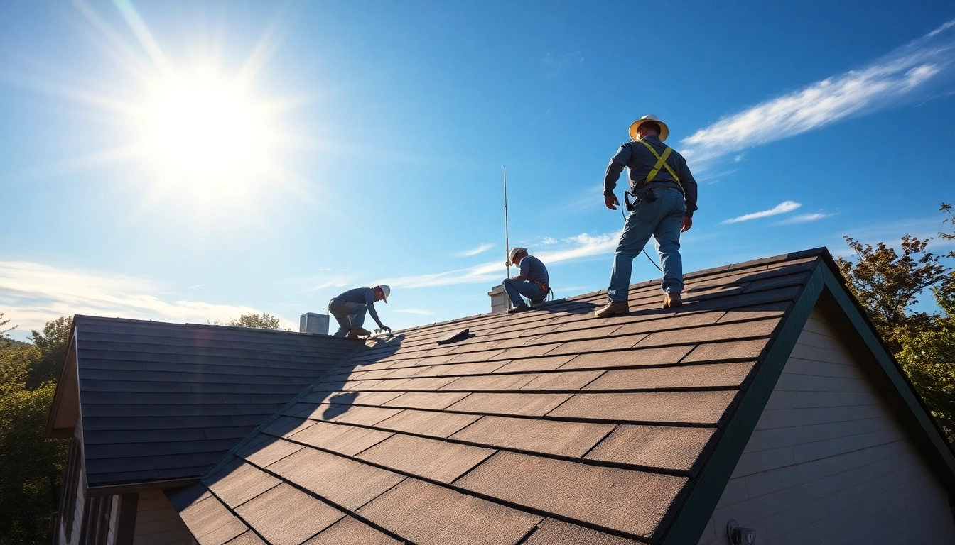 Workers expertly installing residential roofing services on a bright day, demonstrating quality craftsmanship.