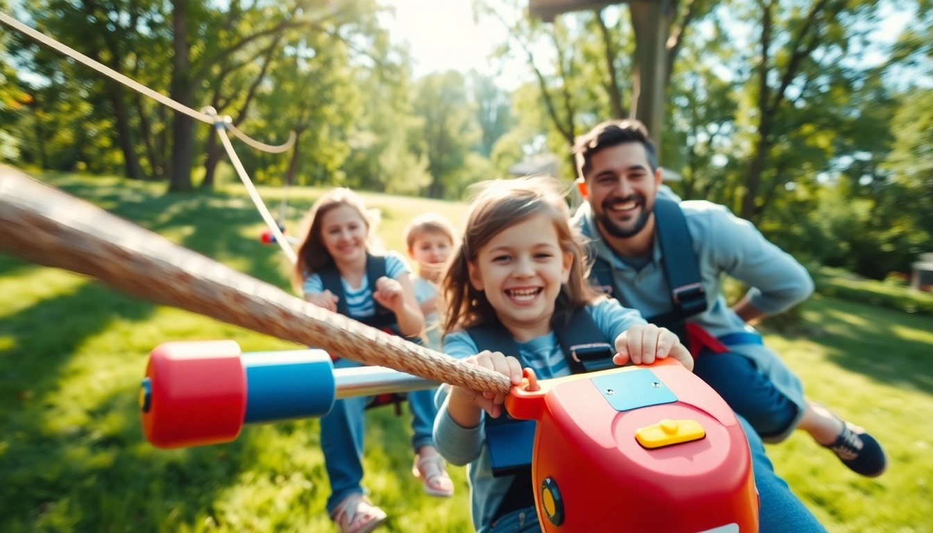 Children and adults enjoying a ZIP WIRE KIT in a vibrant backyard filled with adventure.