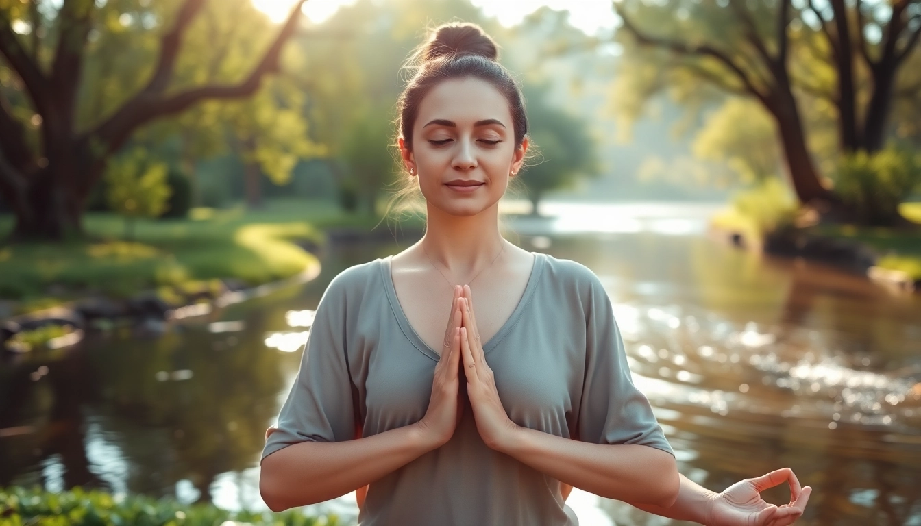 Meditating yoga practitioner reflecting on yoga mantras in a serene outdoor setting.
