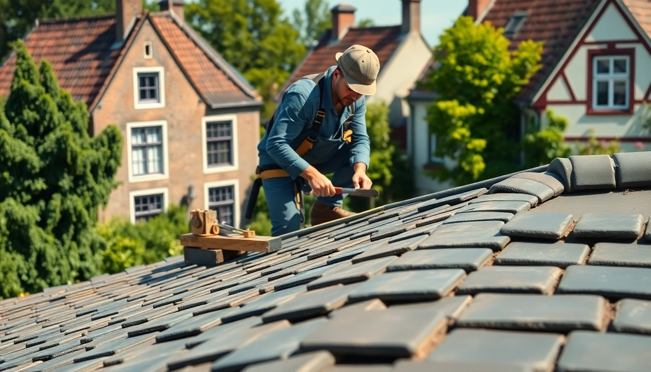 Skilled dakdekker loenen repairing a slate roof in a picturesque Dutch village.