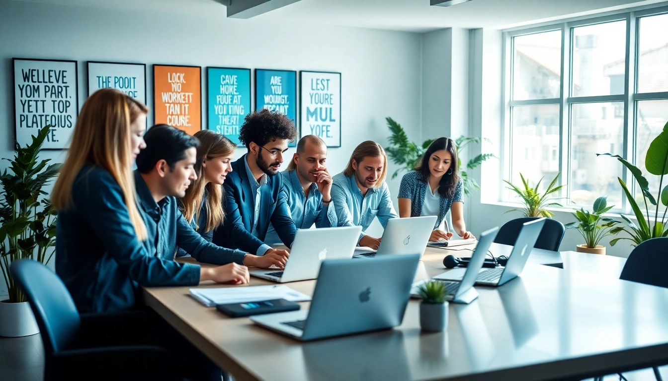 Team of experts strategizing for https://inkwellmarketinggroup.com/social-media-marketing in a vibrant office.