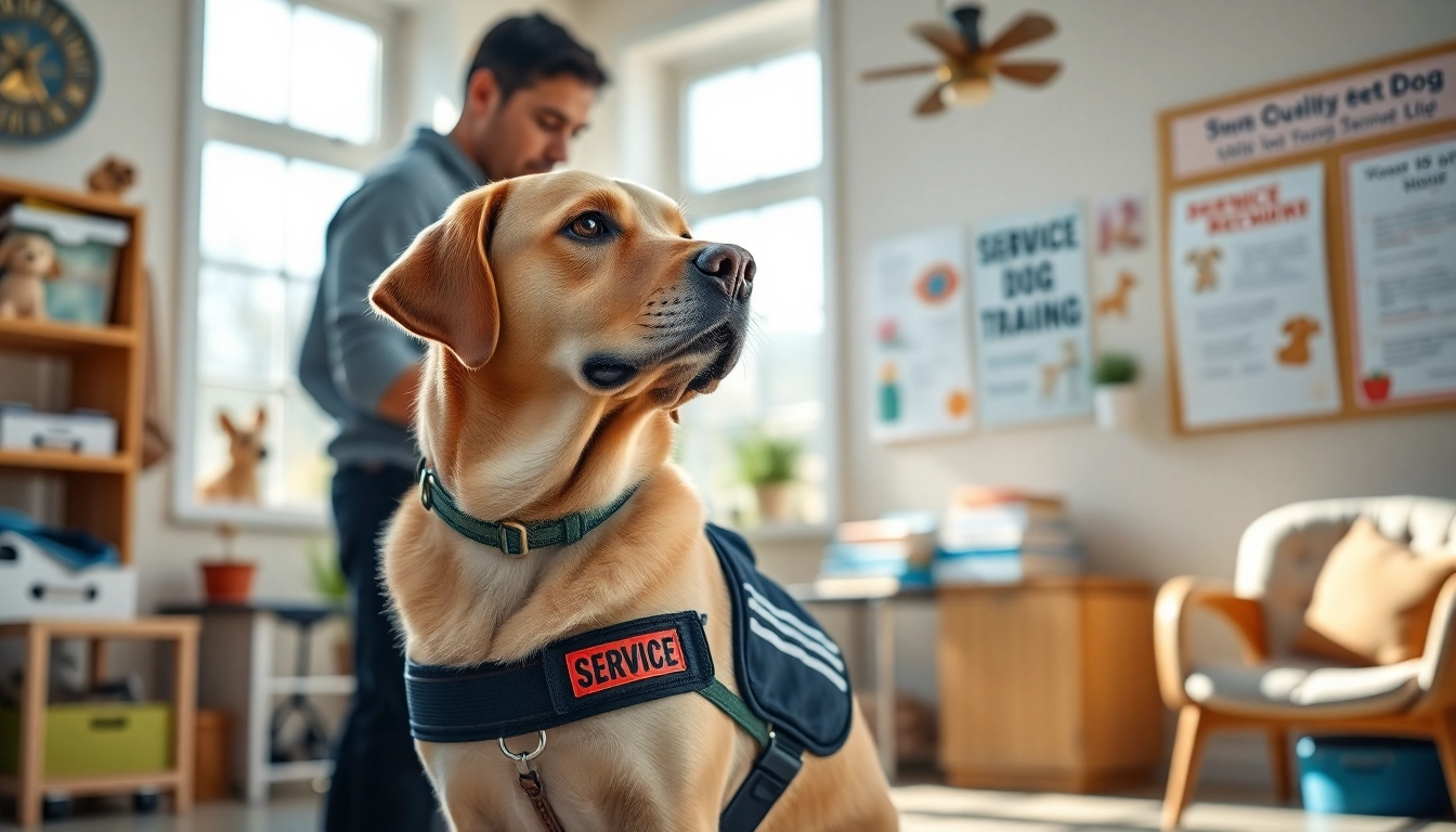 Trained service dogs for sale in a supportive training environment, showcasing focus and companionship.