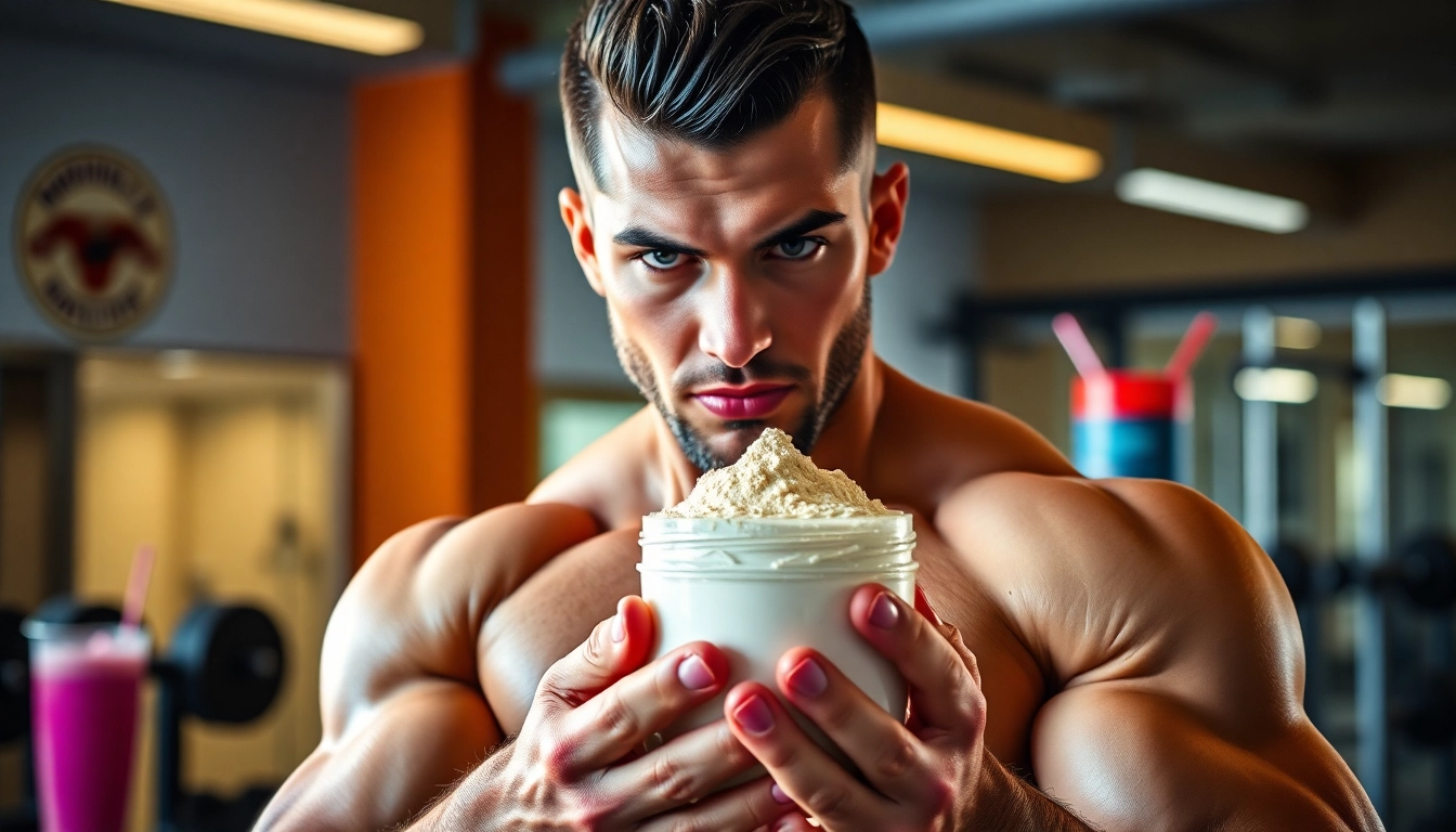 Protein Powder tutarak spor salonunda güçlü bir fitness modeli.