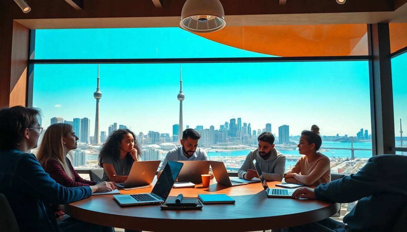 Filmmakers discussing Stories Documentaries Toronto surrounded by vibrant city landmarks.