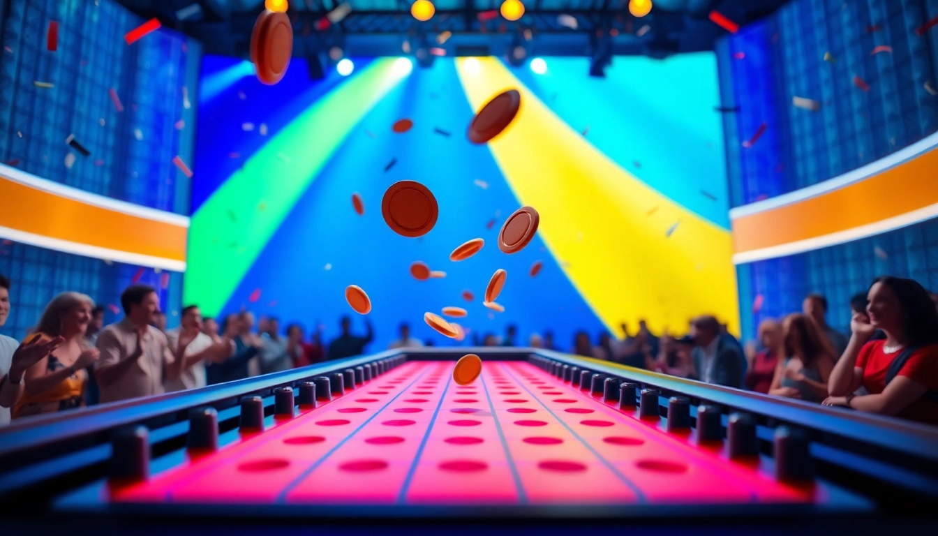 Plinko papan jatuh chip dalam suasana penuh warna dan kebahagiaan.