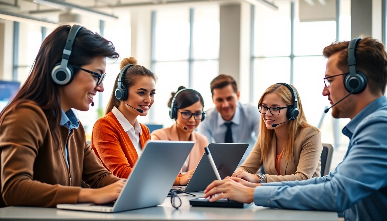 Engaged team discussing strategies for Outsource Call Center Services in a modern office.