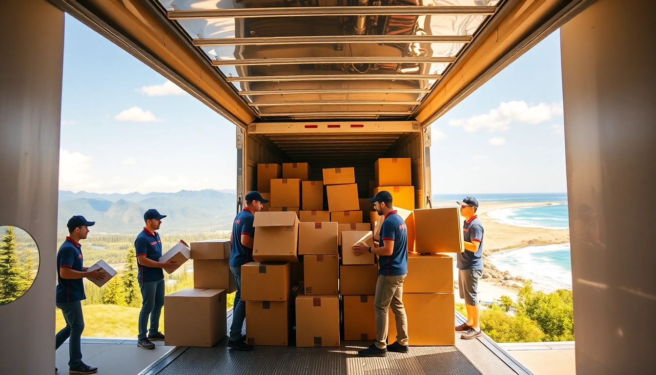 Movers from Alaska to Hawaii efficiently loading a truck in a scenic outdoor setting.