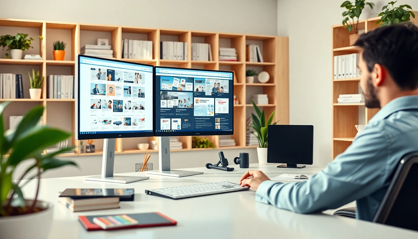 Showcasing a web design workspace with a designer and vibrant website layouts.