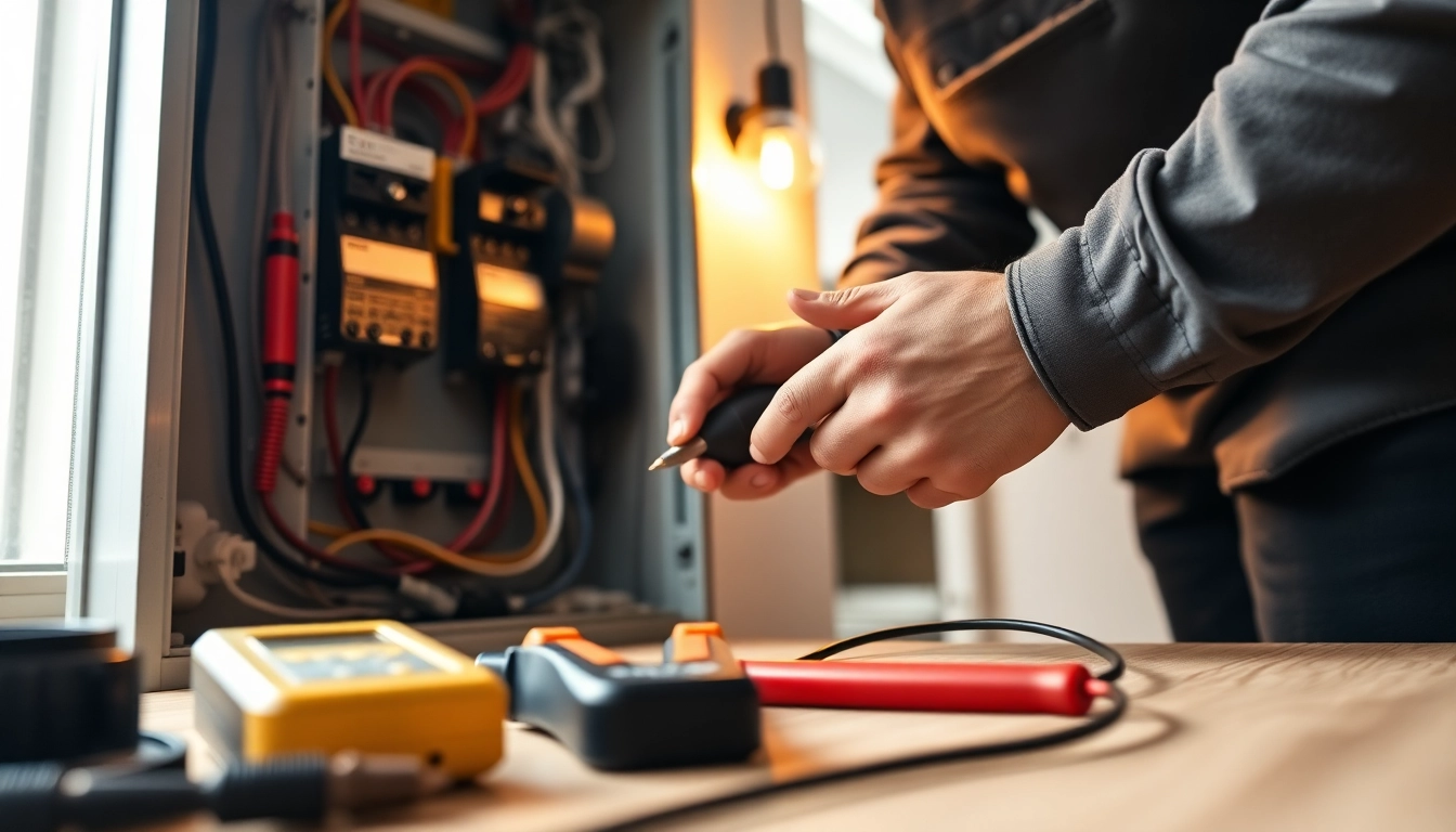 Electrician conducting an Electrical Panel Upgrade, showcasing tools and a modern home environment.
