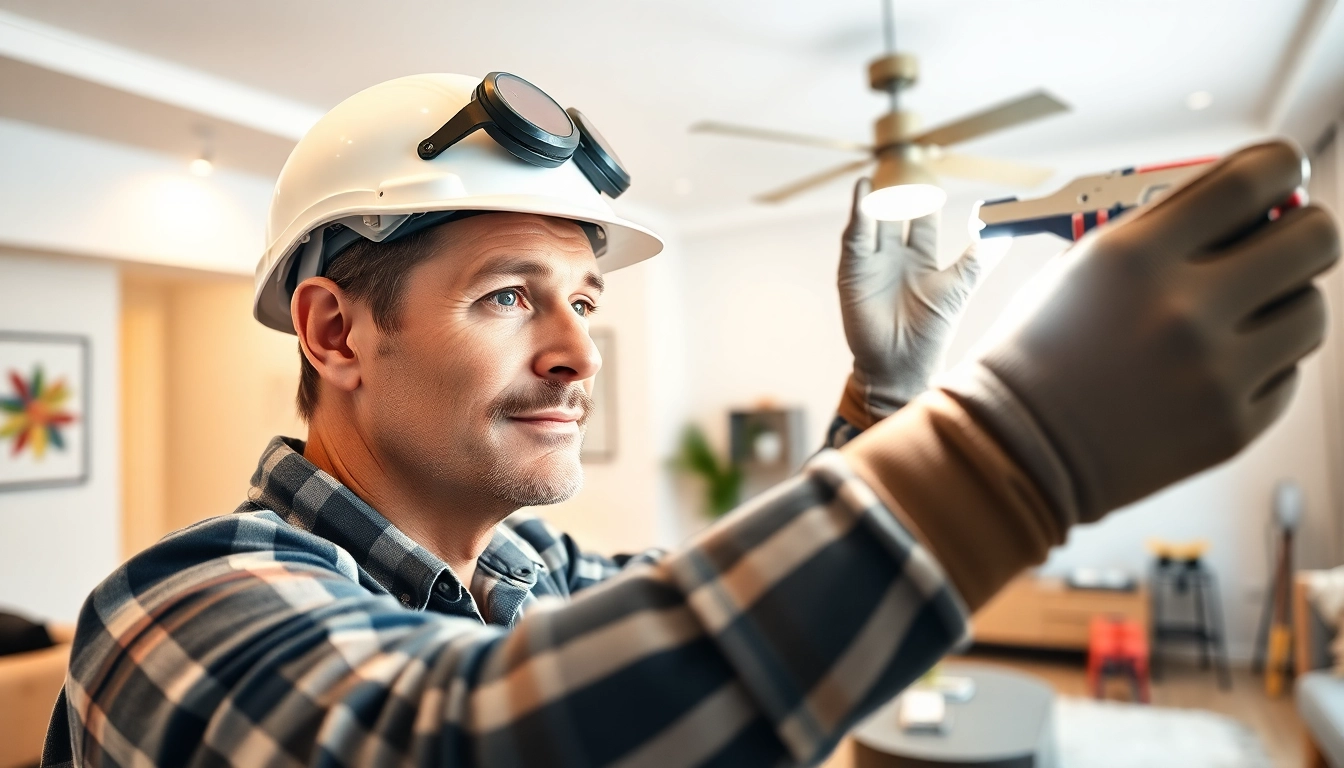 Electrical Contractor installing modern lighting fixtures in a stylish living room.