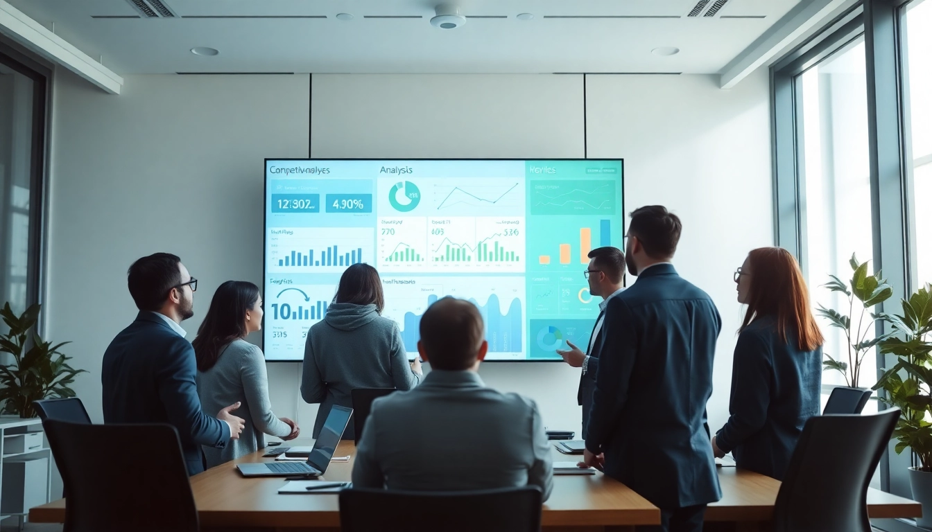 Analyze competitive strategies with AI for competitor analysis in a modern office setting.