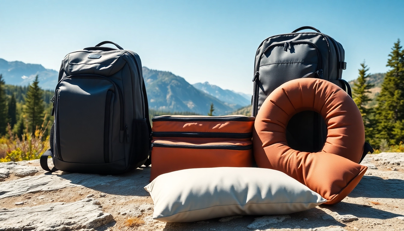 Travel gears including a backpack and packing cubes ready for outdoor adventures.