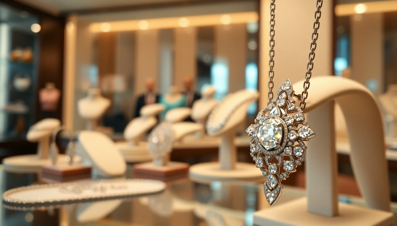Showcasing the best jewelry with a diamond necklace in an elegant boutique setting.