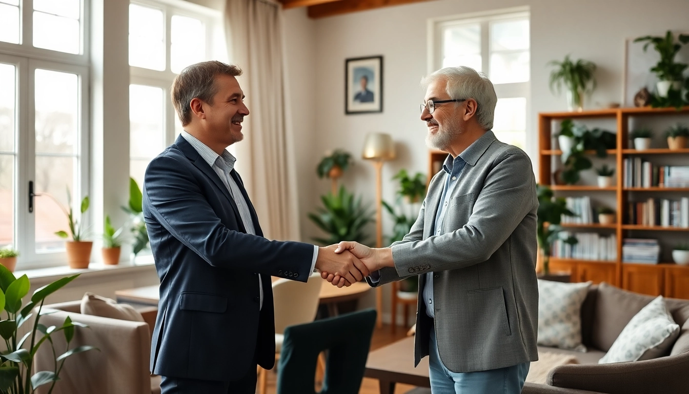Engaged discussion between direct home buyers and a homeowner in a welcoming living room.