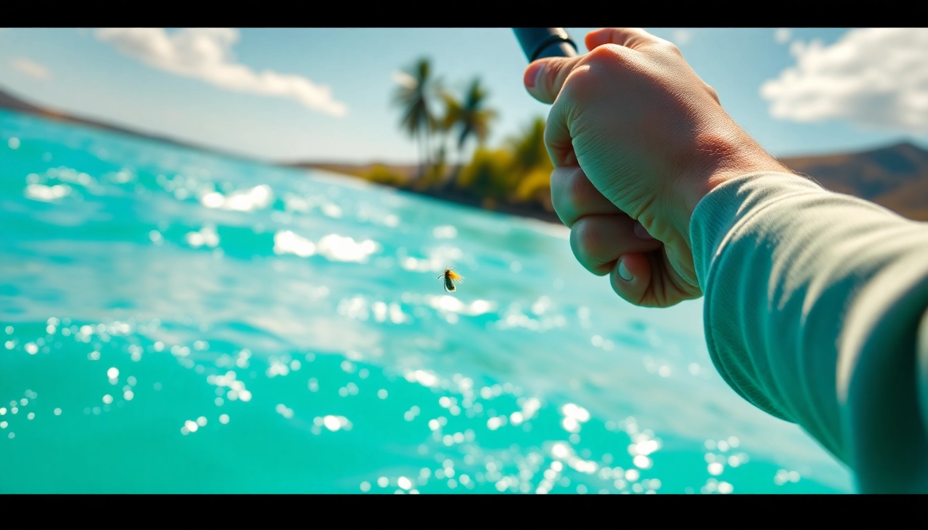 Engaging in saltwater fly fishing with a fly rod amidst a tropical coastal landscape.