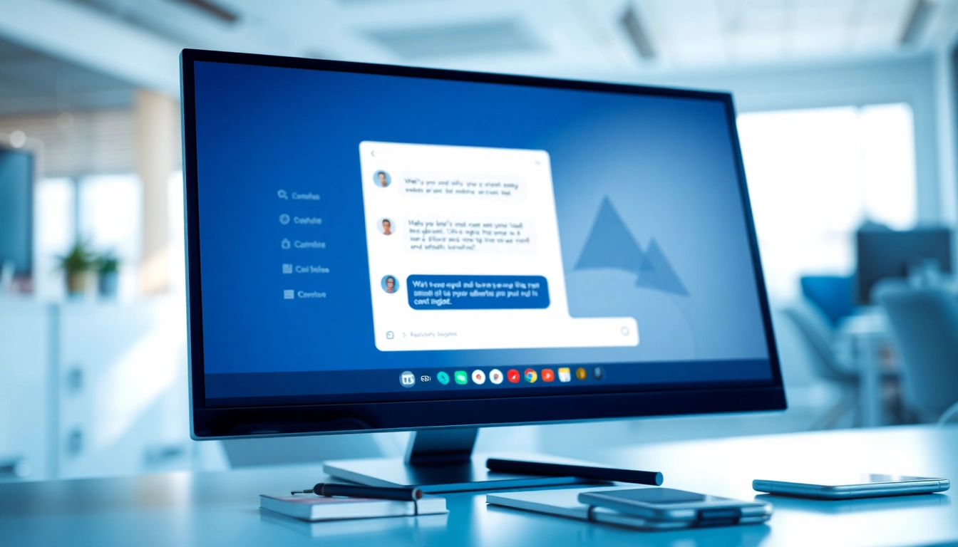 Engaging AI chat bot interface on a modern desktop in a bright office.