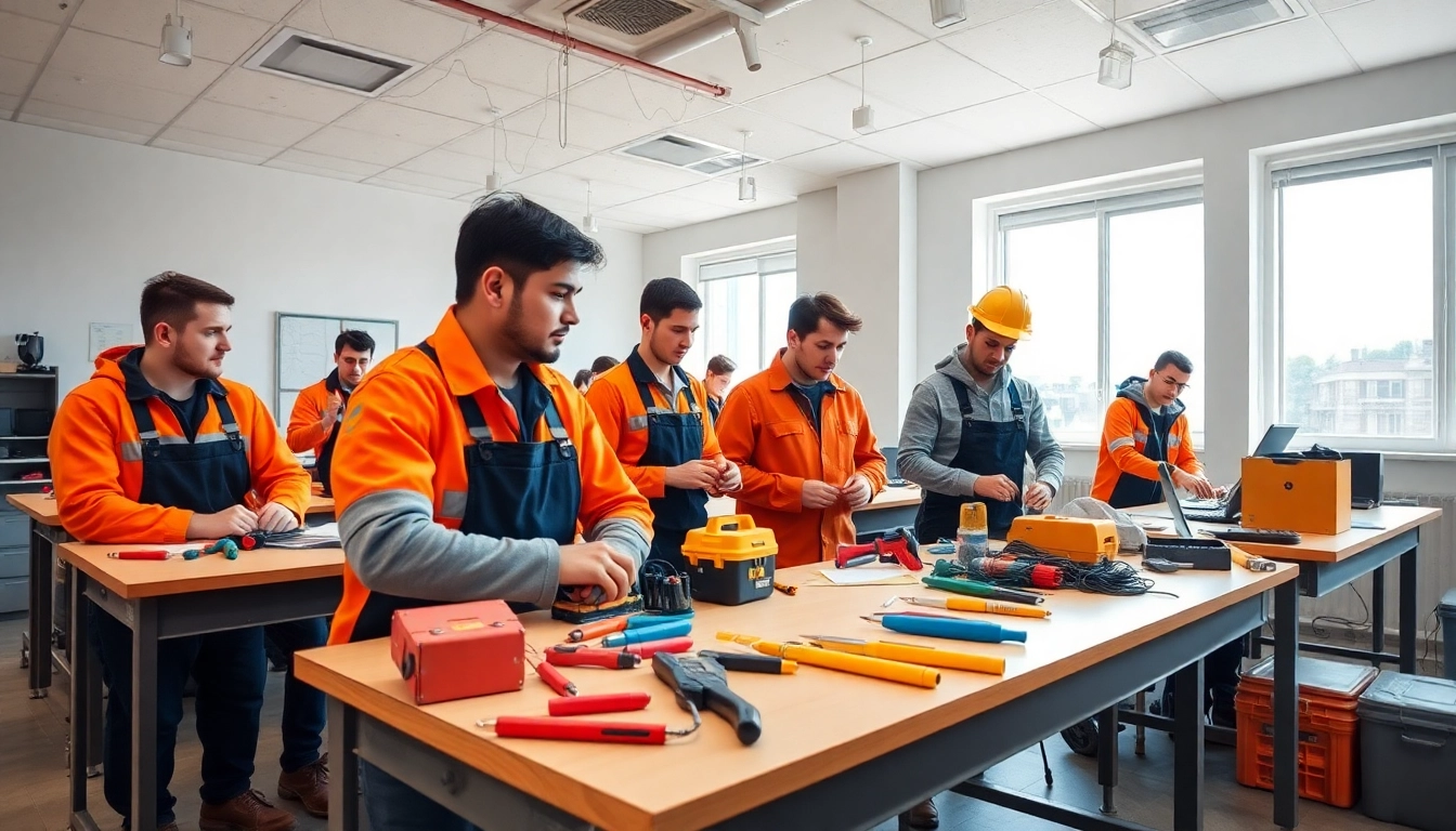 Engaged students in an electrician trade school colorado classroom, showcasing hands-on training and tools.