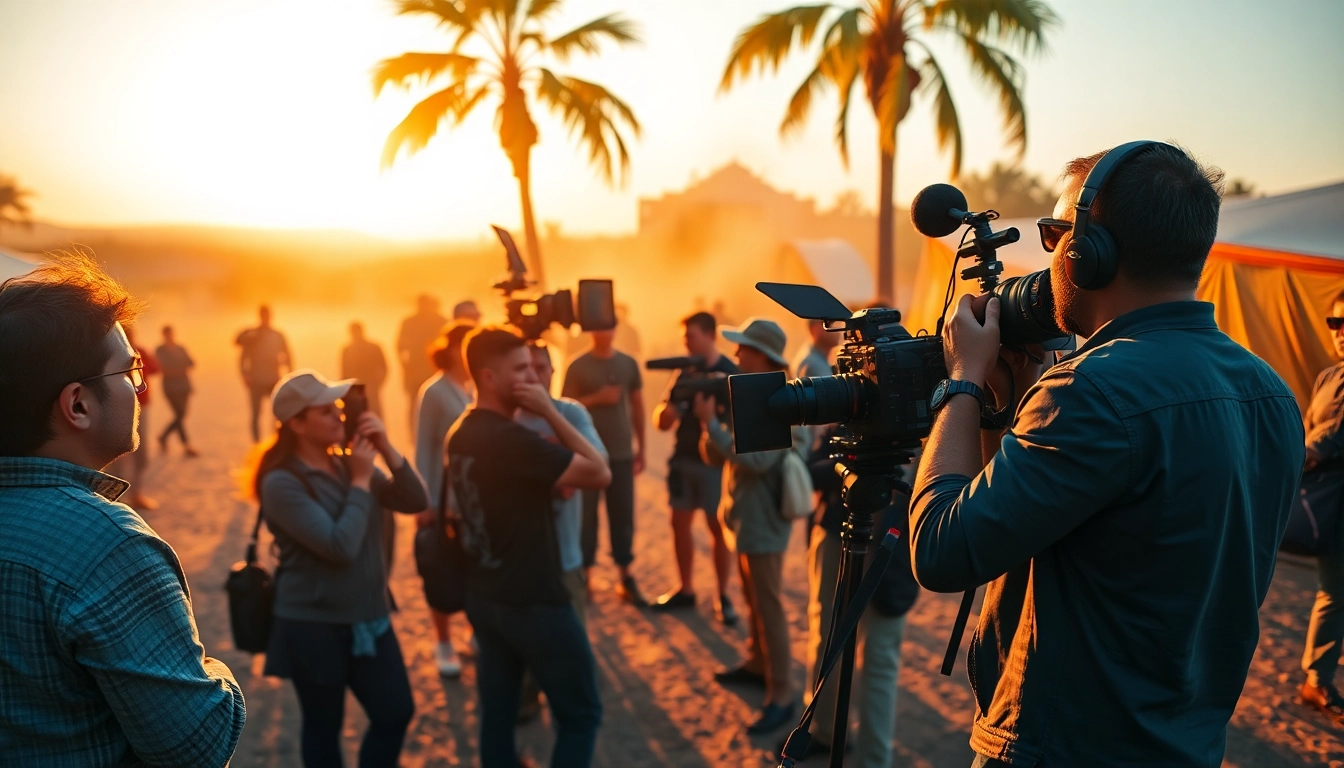 Capturing a vibrant outdoor scene, showcasing 영상프로덕션 with a dedicated film crew in action.