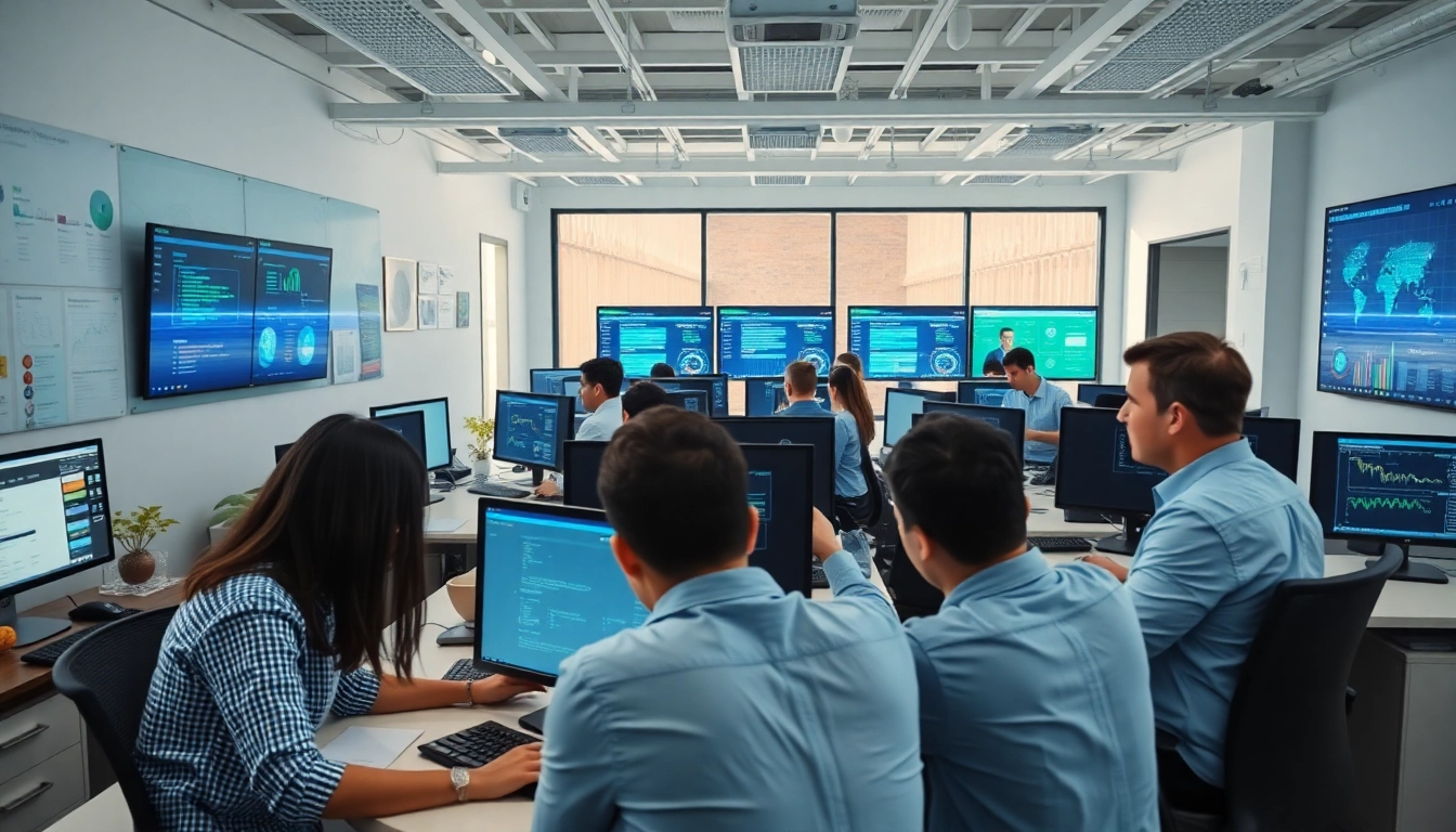 Dynamic cyber incident response team (CIRT) collaborating on security simulation in a professional office.