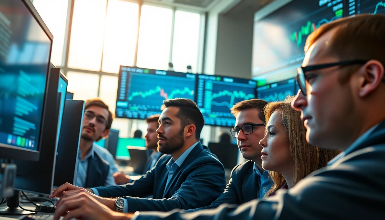 Engaged traders conducting a kyber swap transaction on a busy digital exchange floor.