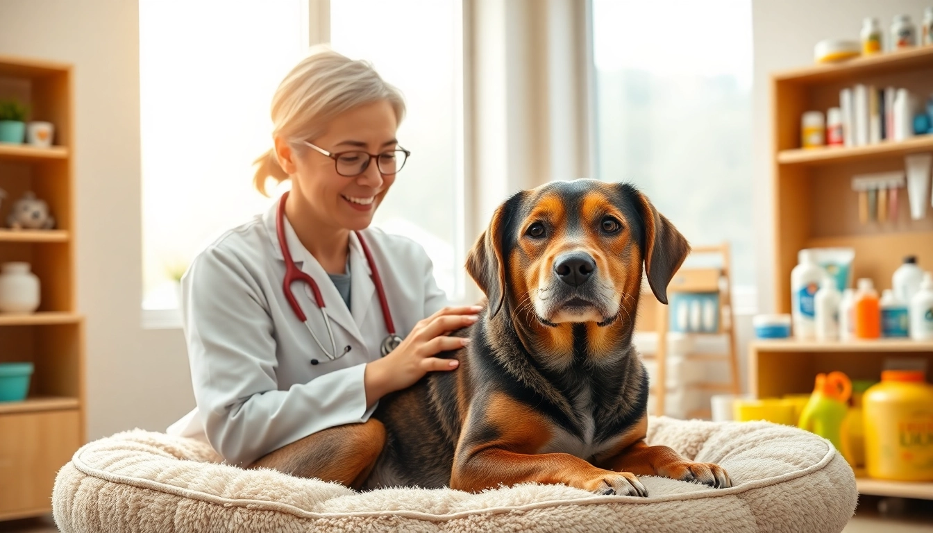 Older female dog urine smells bad issue addressed by veterinarian in calm clinic atmosphere.