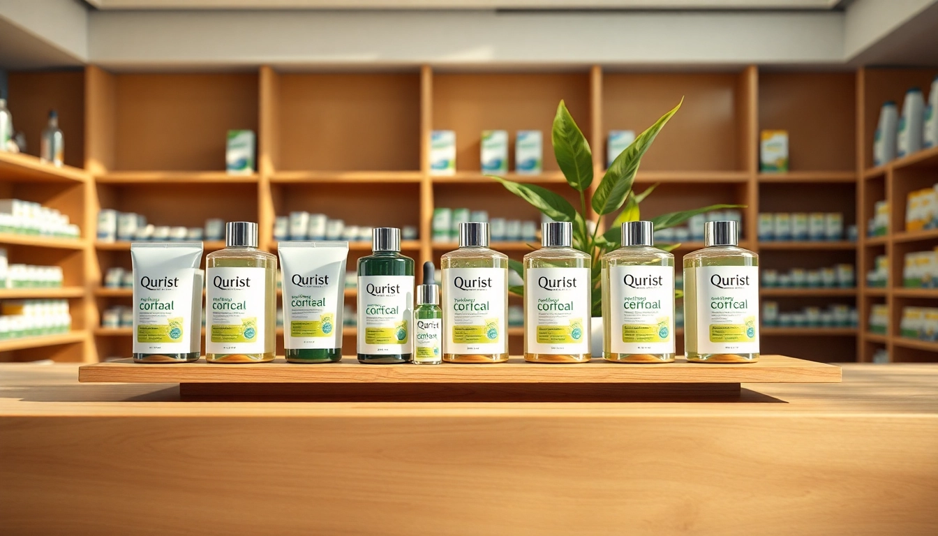 Showcase of Qurist products in a modern pharmacy featuring elegant packaging and natural lighting.