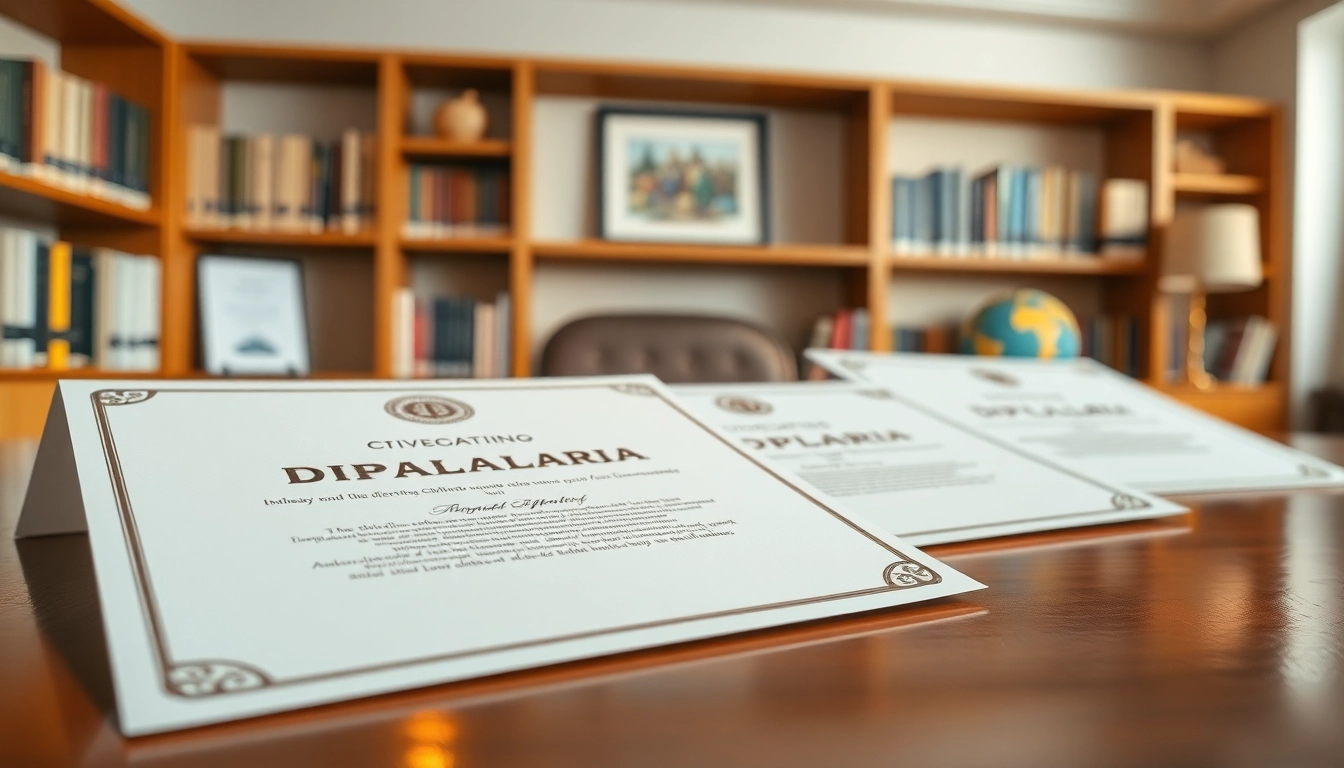 Showcase of best fake diplomas with premium quality details in a professional office setting.