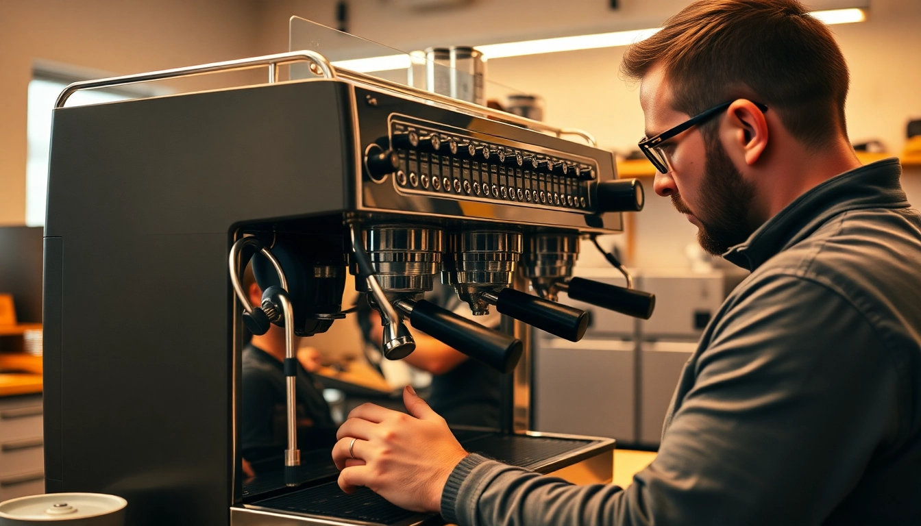 Technician performing Cimbali servisi on an espresso machine, showcasing expert service and quality care.