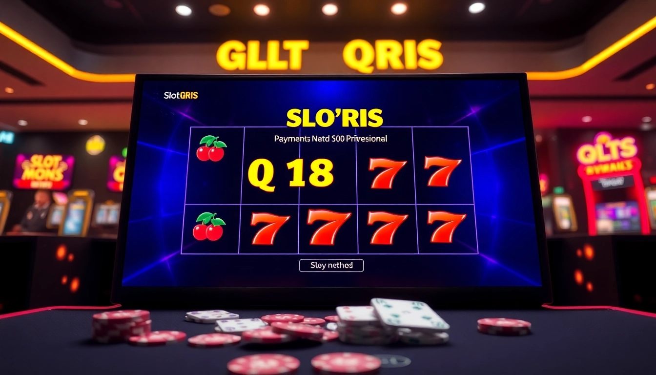 Permainan slot QRIS menarik dengan simbol berwarna cerah dan suasana kasino yang energetik.